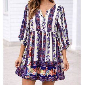 Umgee Boho Floral Mini Dress Peasant Sleeve Babydoll Tunic Blue M NWT